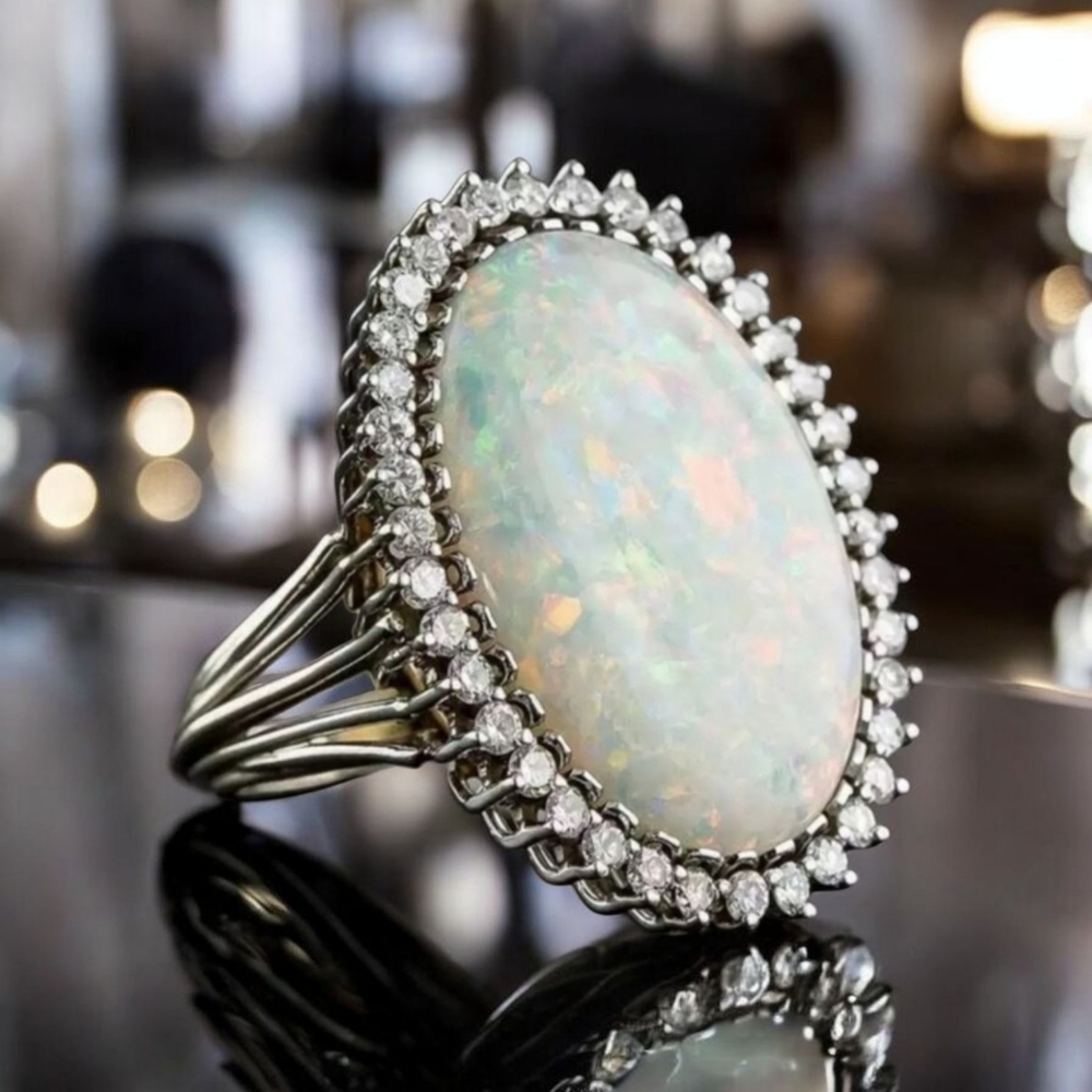Gorgeous 925 Sterling Silver Opal Simulated Diamonds 💎 Cocktail Ring